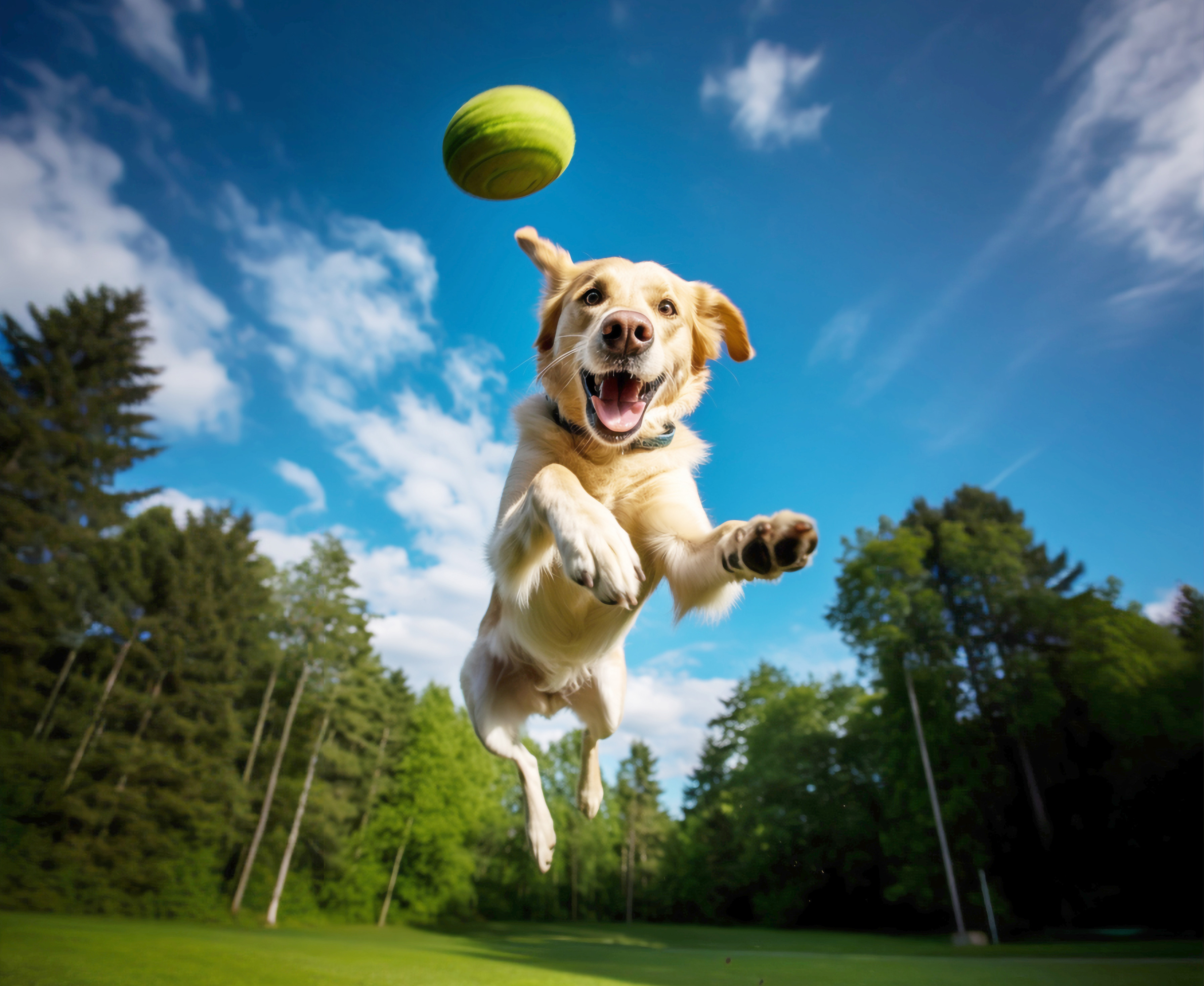 Golden retriever correndo atrás de uma bola em um parque ensolarado