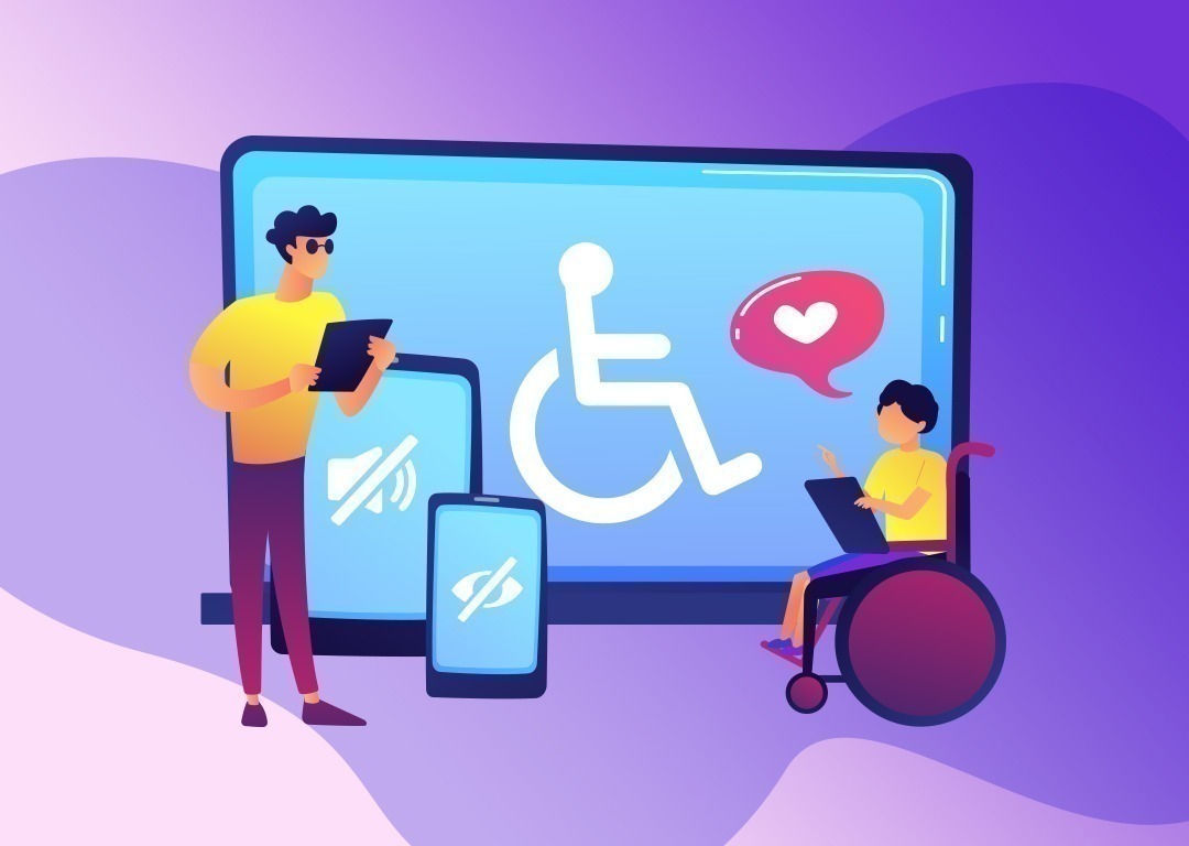 Uma pessoa cega e uma cadeirante navegam na internet. No fundo, 3 telas de diferentes dispositivos.