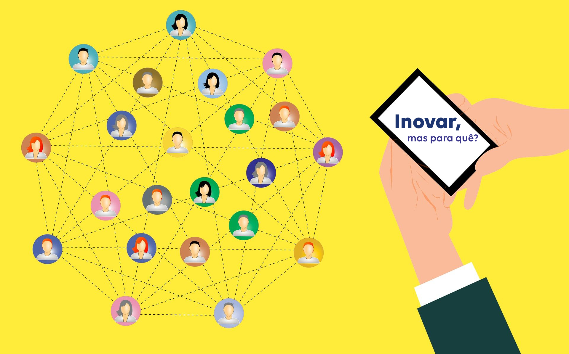 Sob fundo amarelo, duas mãos seguram um celular em frente a uma rede de avatares conectados.