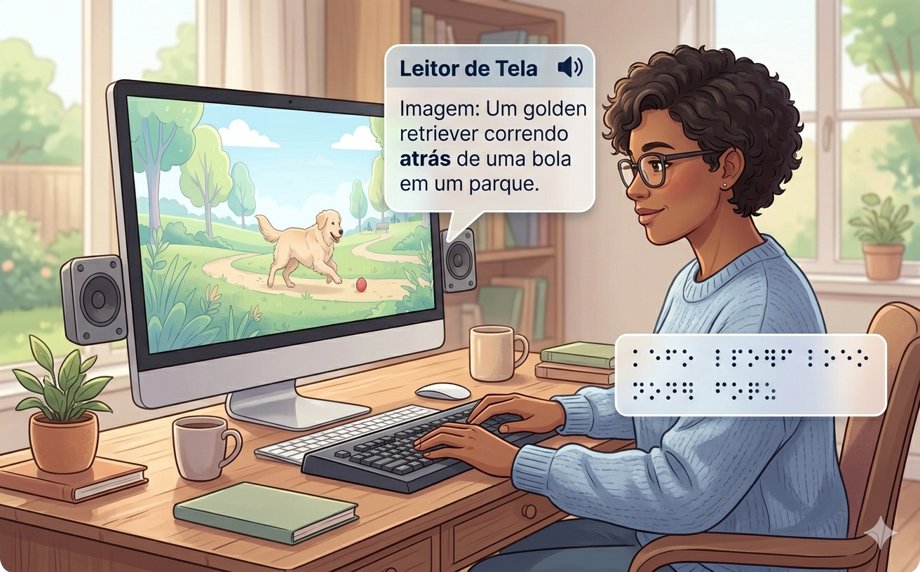 Mulher ouve a descrição de uma imagem de um Golden Retriever em um parque com o leitor de telas.